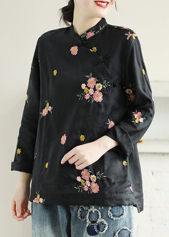 Black Patchwork Linen Shirt Top Embroidered Chinese Button Spring