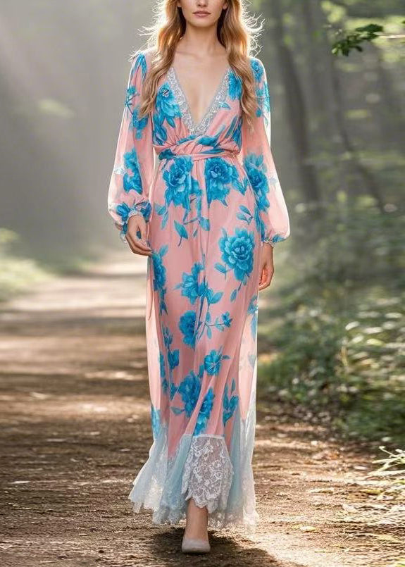 V Neck Lace Print Patchwork Chiffon Dress Spring