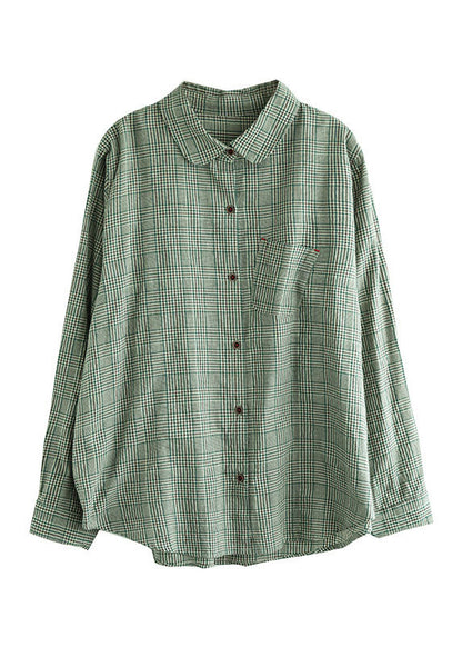 Green Button Peter Pan Collar Cotton Shirt Tops Long Sleeve