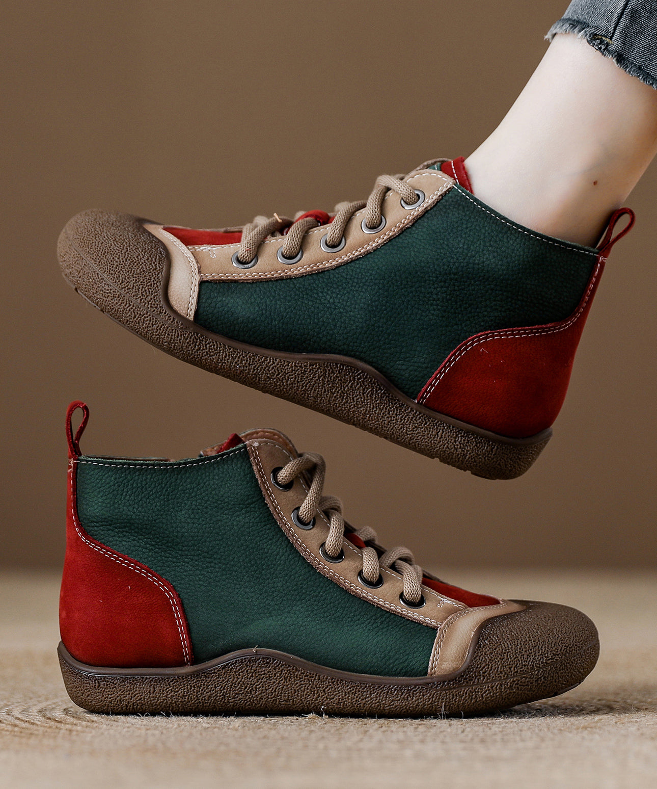 Red Cowhide Leather Splicing Lace Up Boots
