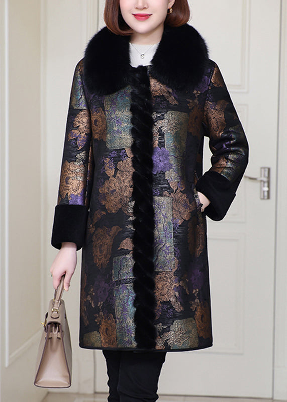 Loose Purple Fur Collar Pockets Leathe and Fur Coats Spring