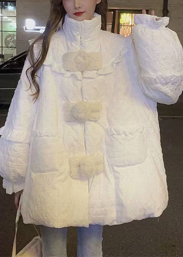 White Ruffled Pockets Patchwork Fine Cotton Filled Coats Winter
