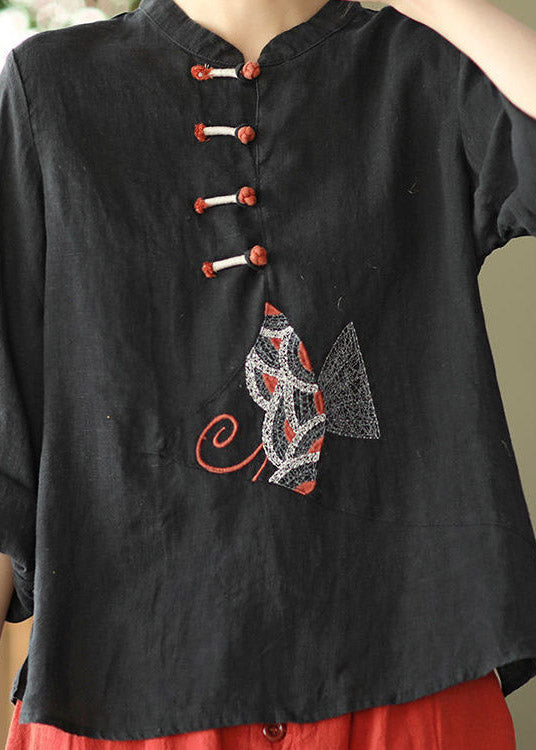 Boutique White O-neck Embroidered Button Linen Shirt Long Sleeve