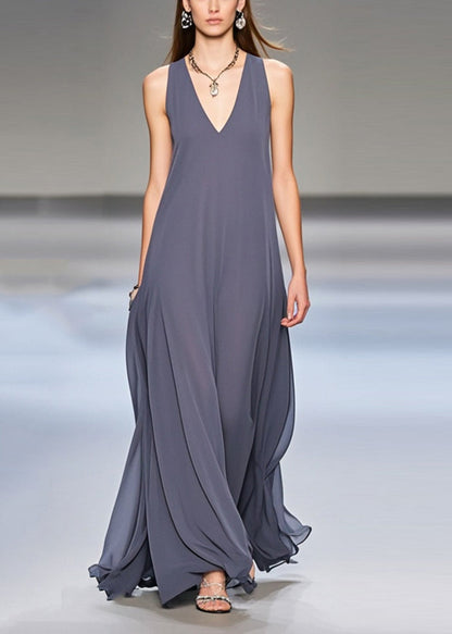 Grey Exra Large Hem Draping Chiffon Long Dresses Sleeveless