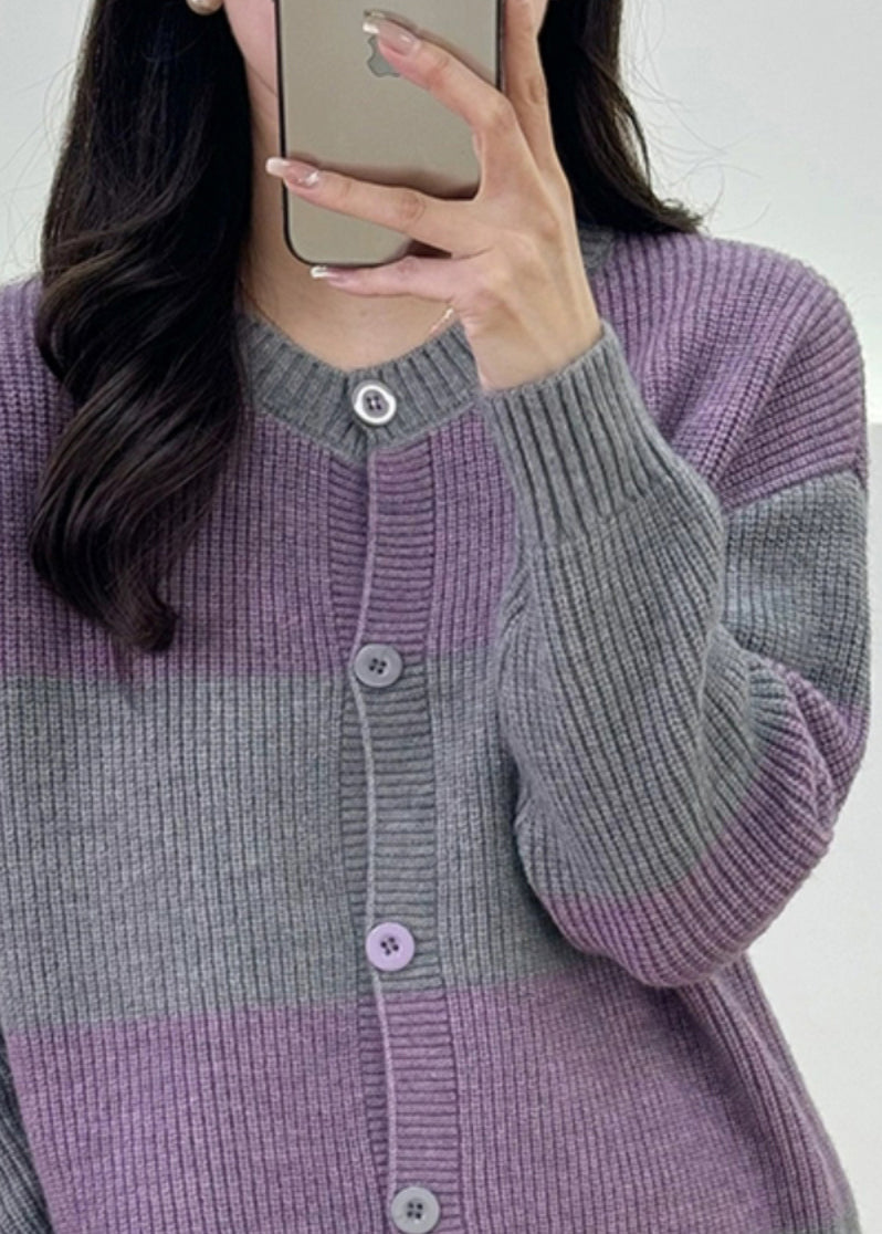 Grey Striped Button Knit Cardigan Fall