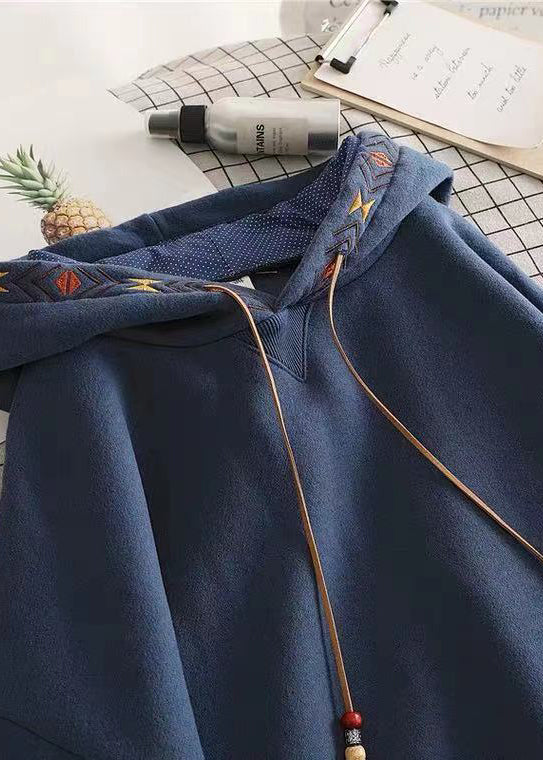 Diy Navy Hooded Embroideried Cotton Sweatshirts Top Spring