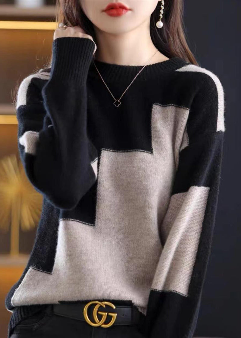 Natural White O-neck Patchwork Thick Cashmere Knit Sweater Fall