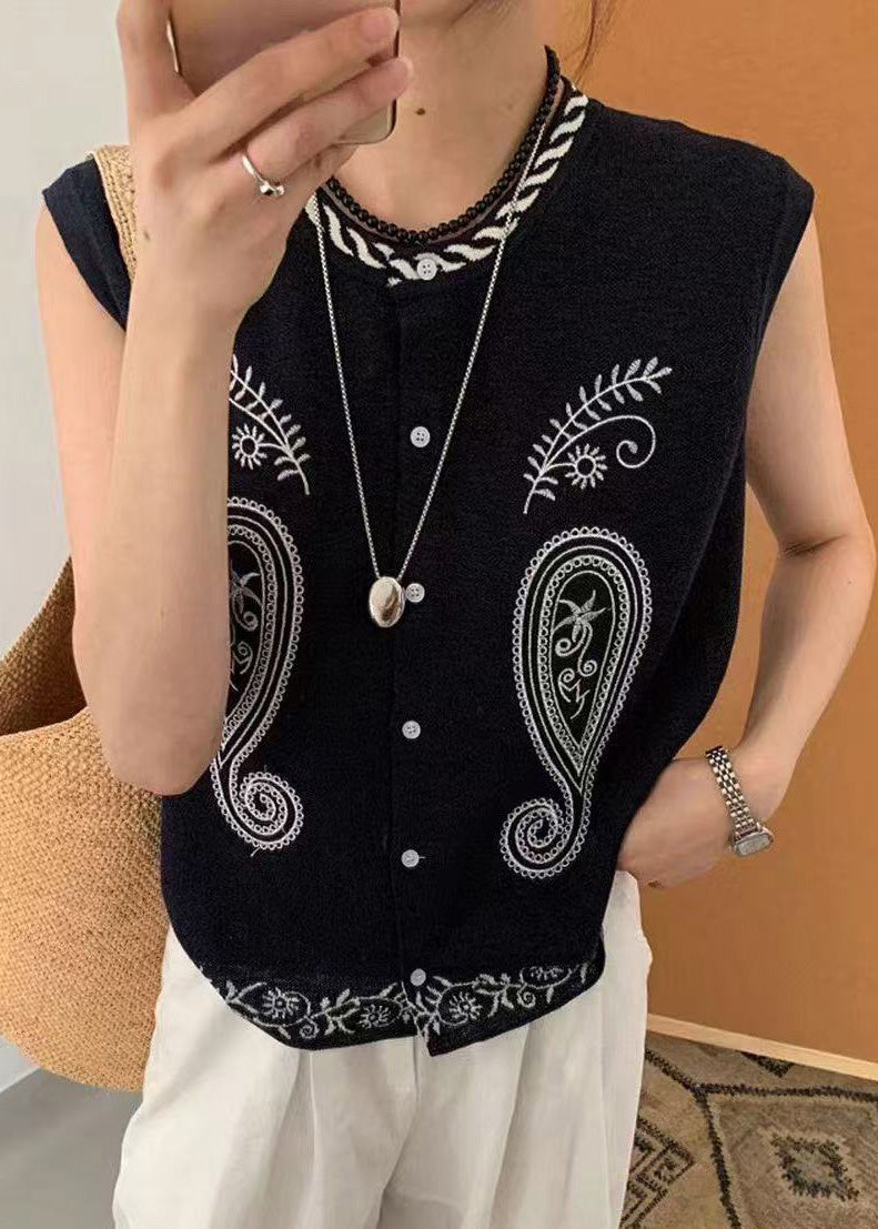 Black Embroideried Knit Vest Tops Sleeveless