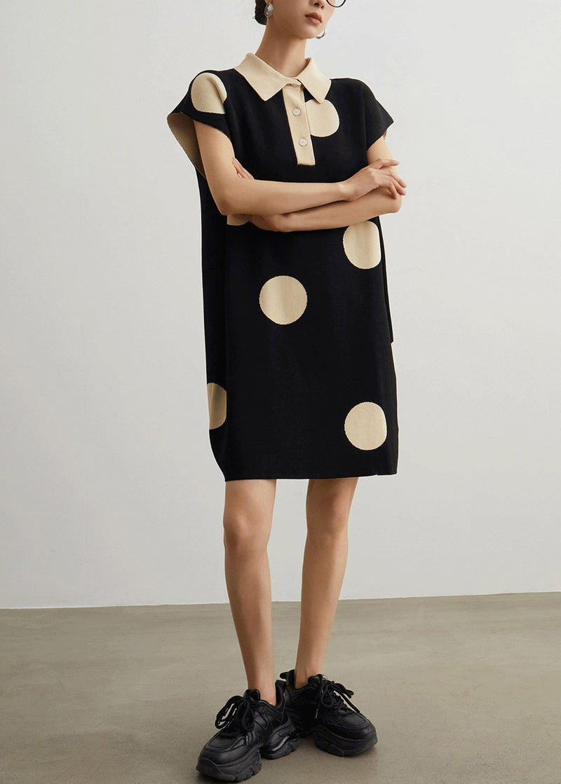 French Black Peter Pan Collar Button Dot Knit Mid Dress Summer