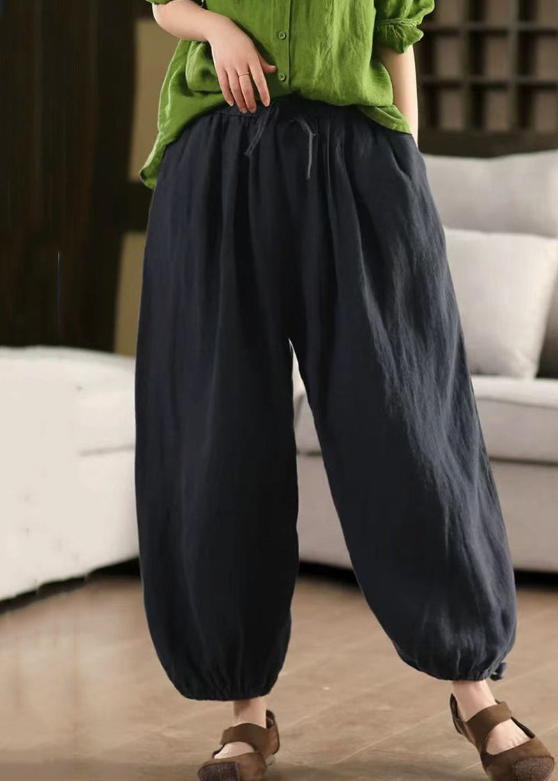 Green Laceup Linen Summer Crop Pants Elastic Waist