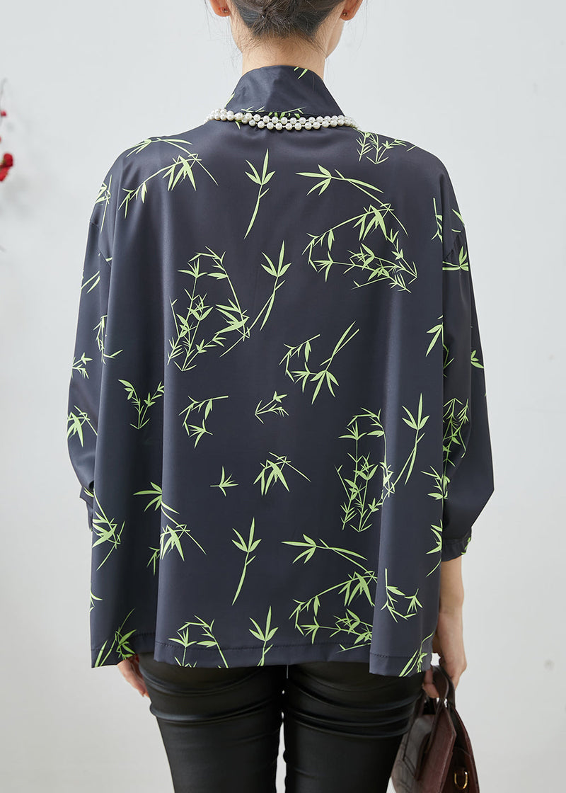 Black Oversized Bamboo Leaf Print Silk Shirt Spring