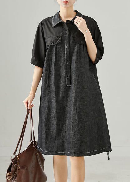 Black Oversized Patchwork Cotton Mid Dress Summer