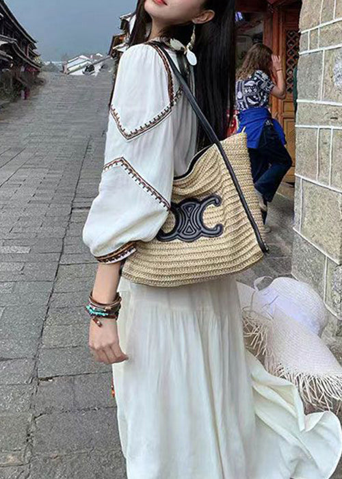 White Wrinkled Patchwork Cotton Long Dress Bracelet Sleeve