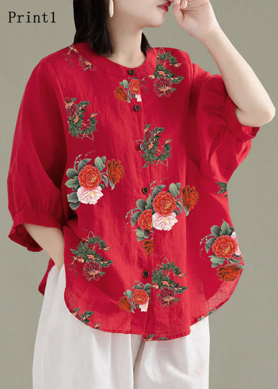 Art Red O-neck Button Linen Loose Shirt Top Lantern Sleeve