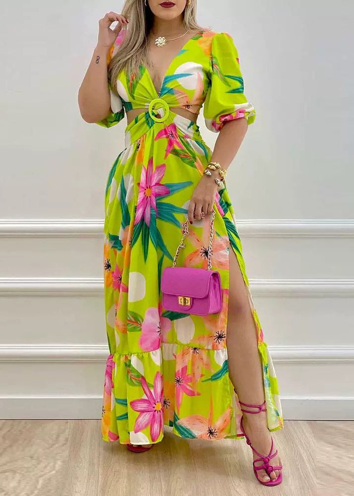 Green Print Hollow Out Side Open Cotton Long Dress Summer