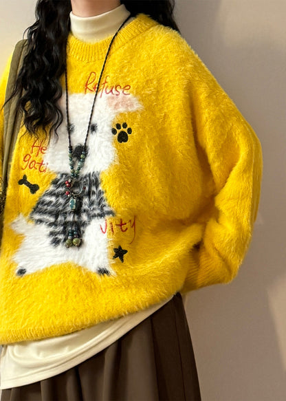 New Yellow Animal Jacquard Mink Hair Knitted Sweater Spring