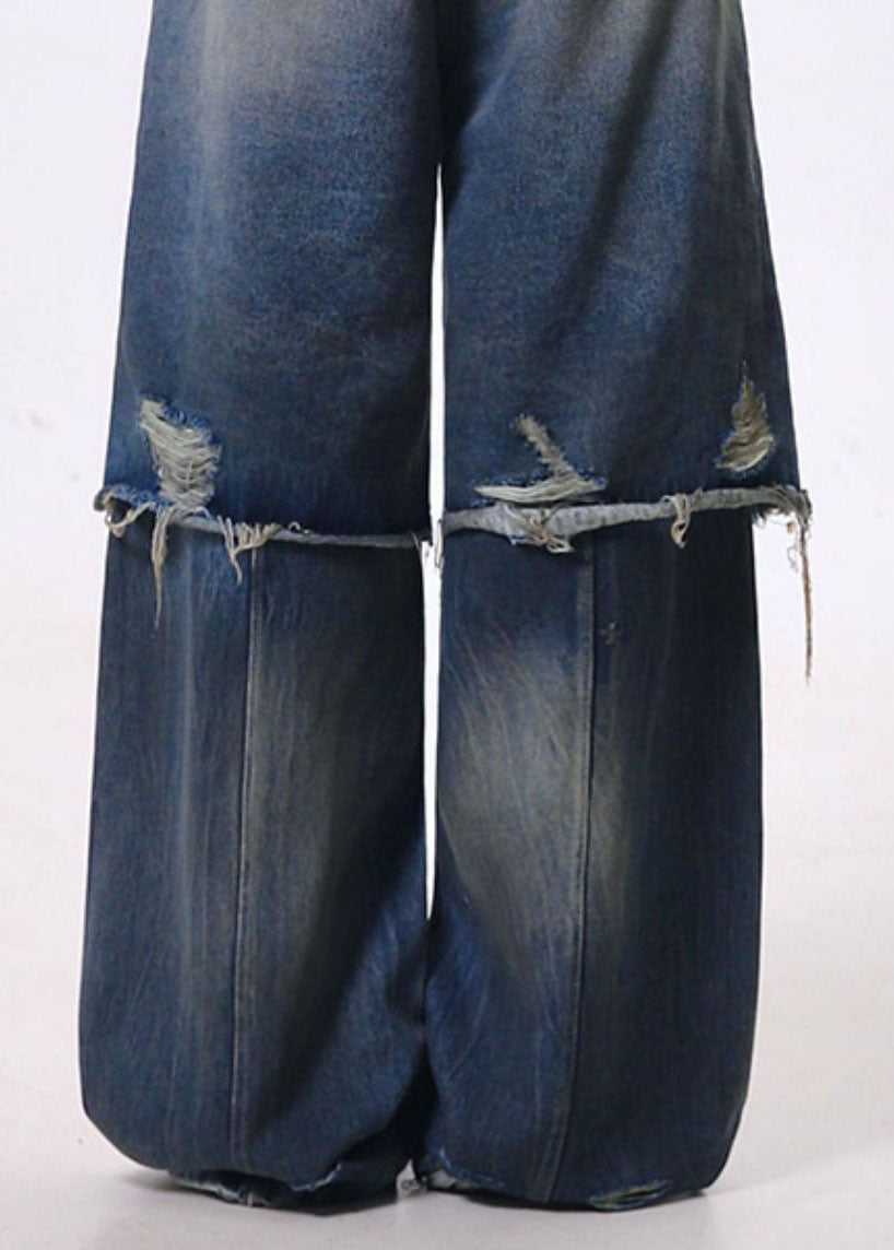 Blue False Two Pieces Patchwork Ripped Denim Pants Spring