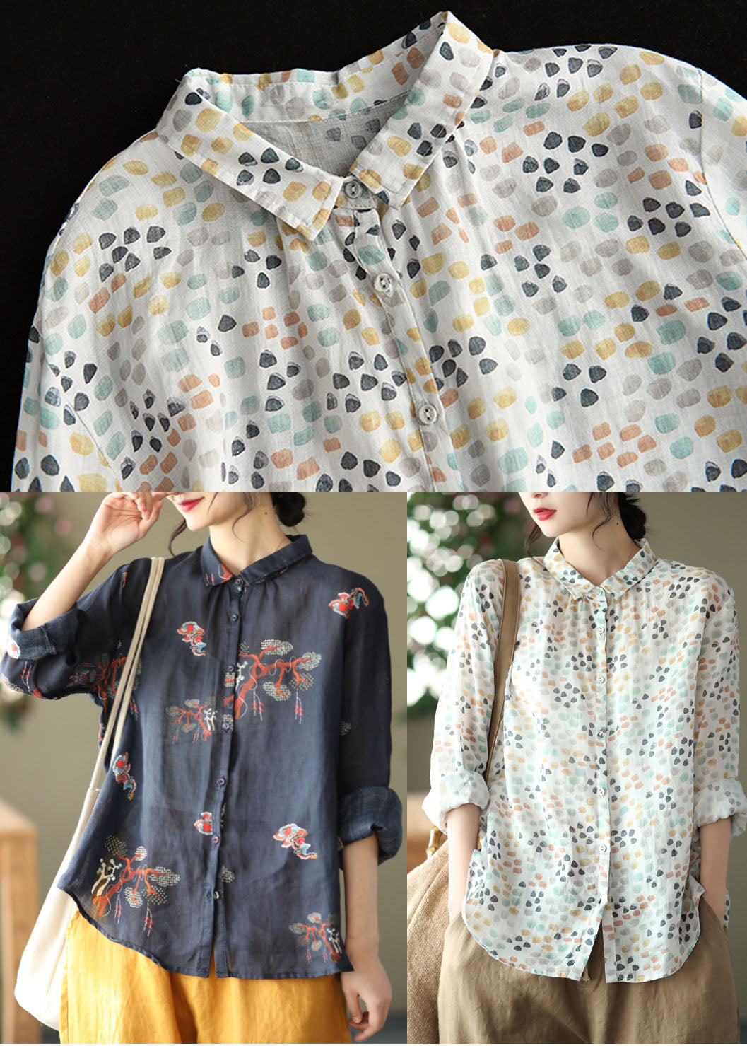 Black Peter Pan Collar Button Print Linen Shirt Tops Long Sleeve