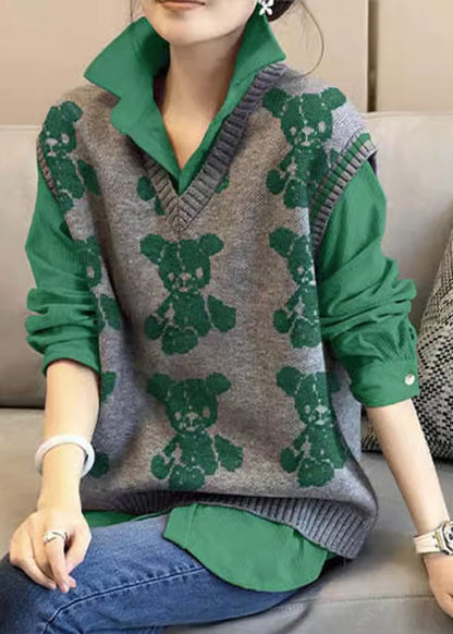 Green Knitted Vest Shirt Age Reducing Two Piece Set Autumn New