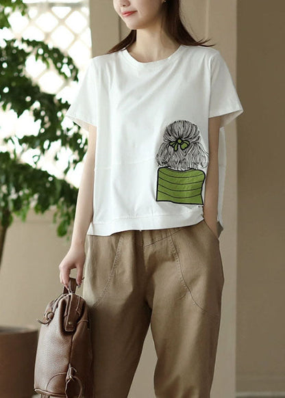 White O-neck Embroidered Patchwork Cotton Top Summer