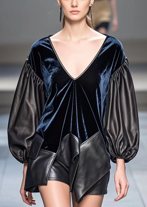 Dark Blue Asymmetrical Patchwork Faux Leather Silk Velour Tops Fall