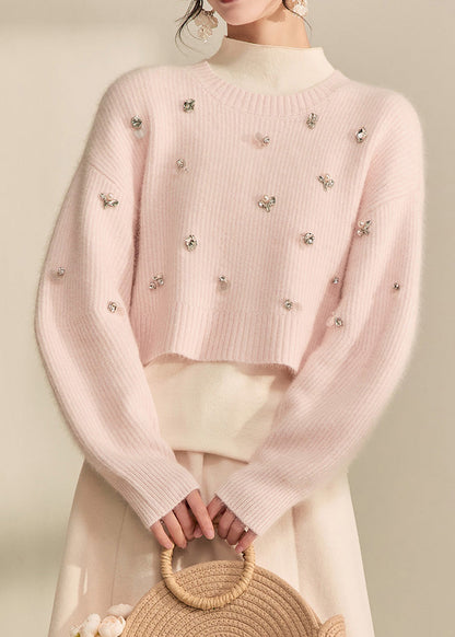 Pink O-neck Nail Bead Cotton Knit Short Sweater Fall