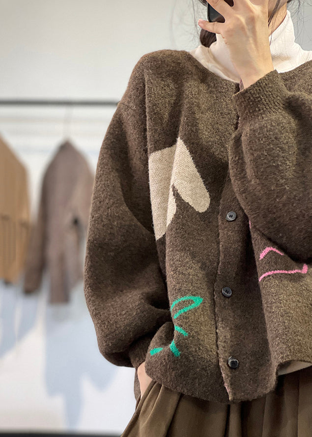 Coffee O Neck Button Knit Coat Long Sleeve