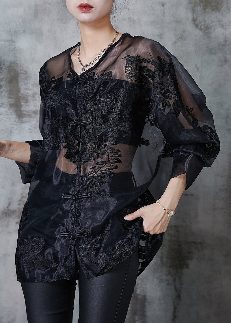 Black Embroidered Hollow Out Organza Blouses Summer