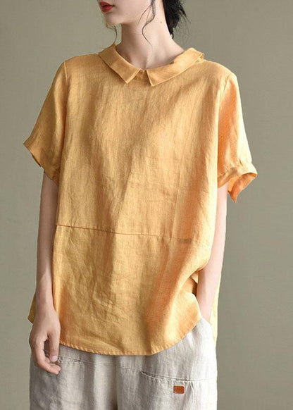 Simple Wine Red Peter Pan Collar Patchwork Summer Linen Blouses