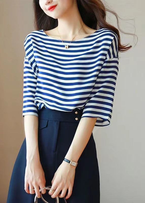 Blue O Neck Striped Silk Shirt Tops Summer