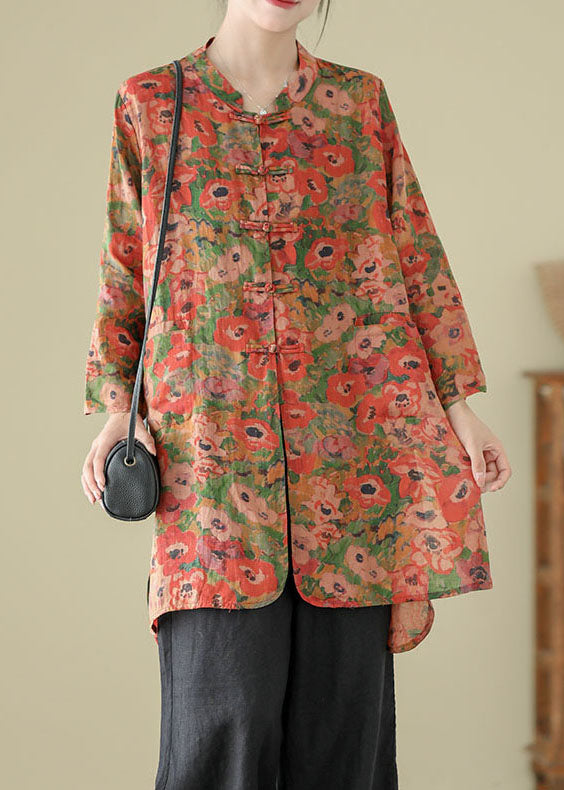 Stand Collar Chinese Button Print Linen Shirts Coat Long Sleeve