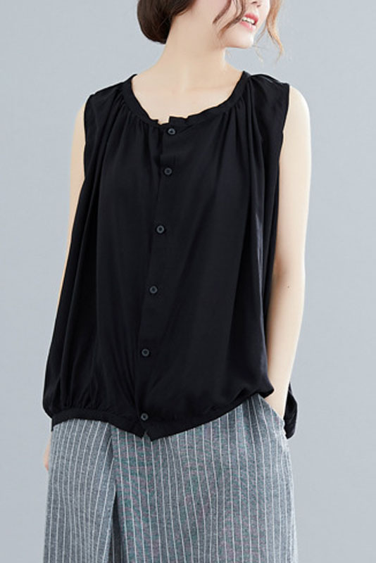 Summer Loose Sleeveless T-shirt Open Top Pleated Tank Top