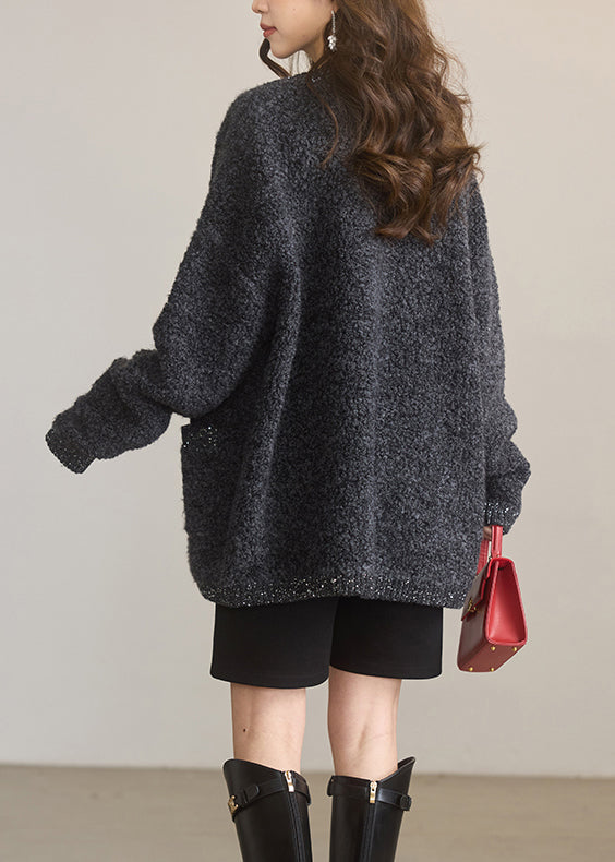 Dark Grey O Neck Sequins Woolen Cardigans Winter