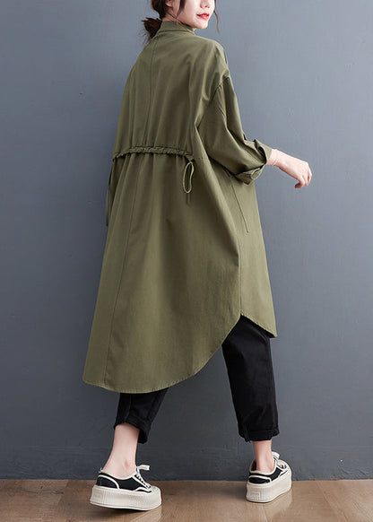 Army Green Pockets Cotton Shirts Coats Stand Collar Fall