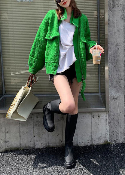 Natural Green Zippered Button Pockets Patchwork Fall Knit Sweaters Coat