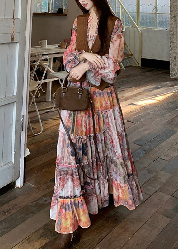 French V Neck Print Waistcoat and Maxi Dress Two Pieces Set Flare Sleeve
