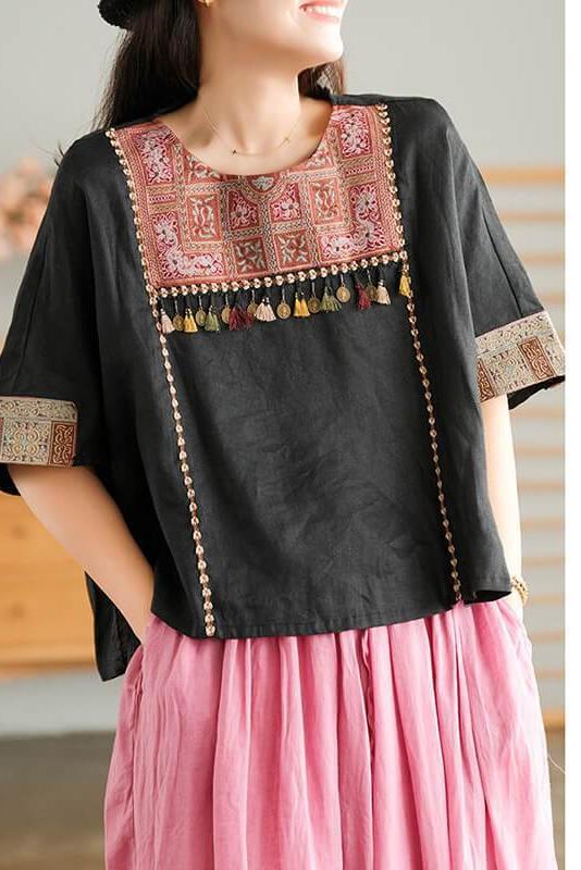 Embroidered Tasseled Split Linen T-shirt