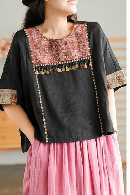 Embroidered Tasseled Split Linen T-shirt