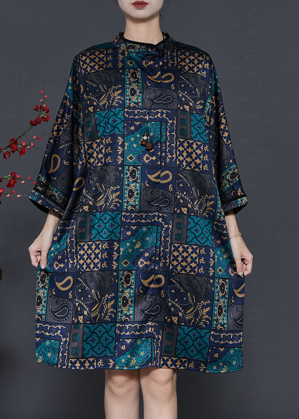 Black Stand Collar Print Silk Work Dress Fall