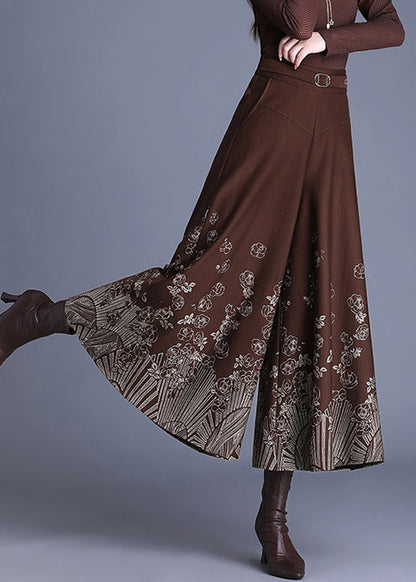 Coffee Sashes Woolen Crop Wide Leg Pants Spring