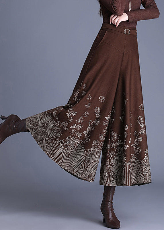 Coffee Sashes Woolen Crop Wide Leg Pants Spring