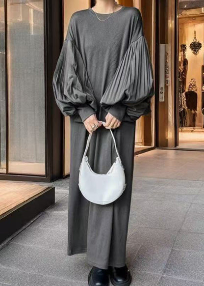 Grey Oversized Patchwork Cotton Dress Lantern Sleeve
