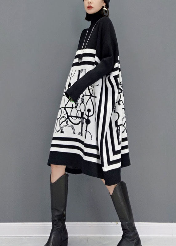 Diy White Turtle Neck Print Knit Long Dresses Spring