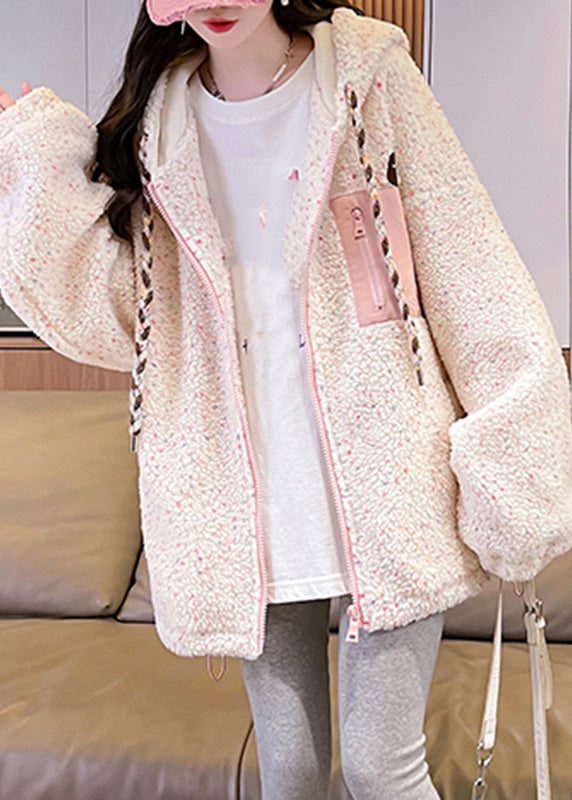 White Zippered Patchwork Pockets Warm Fleece Faux Fur Hooded Parkas Winter