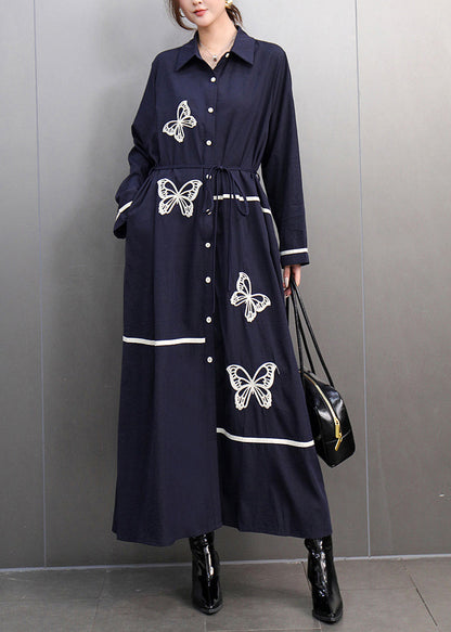 Black Peter Pan Collar Print Long Dress Spring