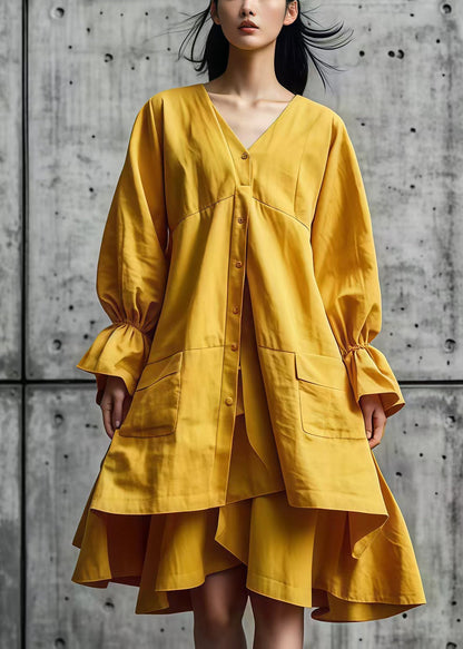Yellow Asymmetrical Design Cotton Shirt Dresses Fall