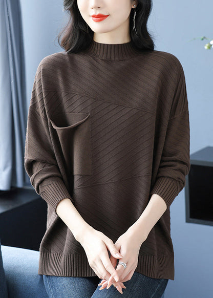 Coffee Half Hign Neck Pockets Patchwork Woolen Knit Top Spring