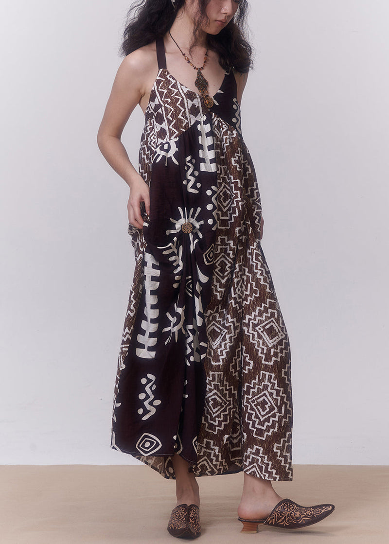 Coffee Backless Print Patchwork Cotton Spaghetti Strap Dress Sleeveless