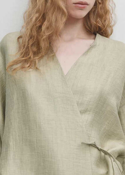 Green V Neck Lace Up Cotton Shirt Tops Fall