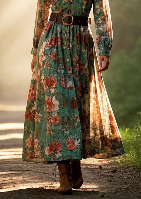 Natural Green Cinched Print Cotton Dresses Spring